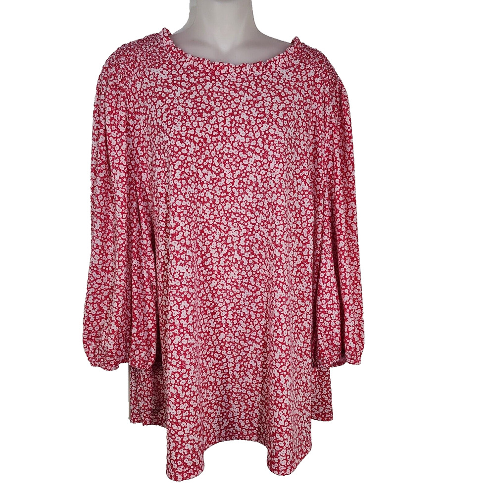 Adrianna Papell Womens Tunic Top 3X Blouse Pink Floral 3/4 Sleeve Ruffle Smocked